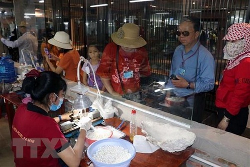 Du khách tham quan khu chế tác các sản phẩm ngọc trai tại một cơ sở trên đảo Phú Quốc. (Ảnh: Lê Huy Hải/TTXVN)